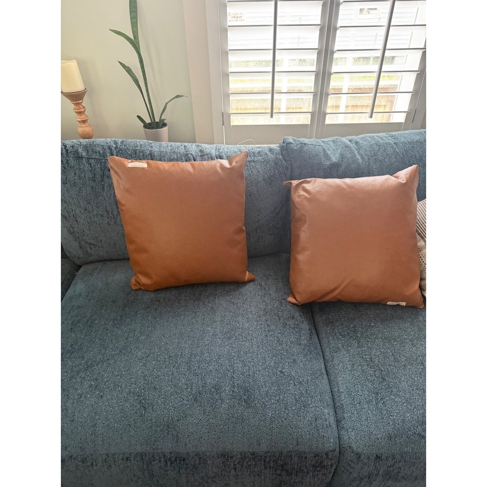 Woven Nook Pillow Covers Set of 2 Cognac Brown Faux Leather 18' Square Modern - Picture 2 of 16